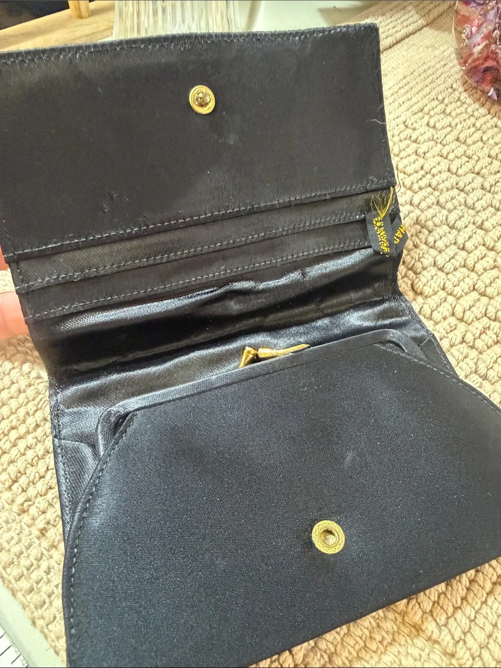 Vintage Made in France Black Satin Embroidered Floral Clutch Wallet